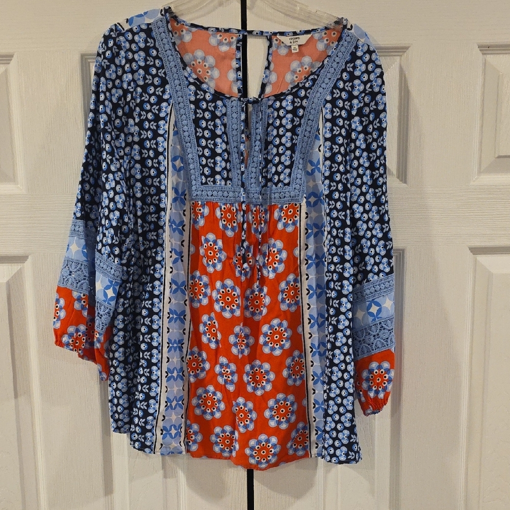 Crown & Ivy Navy and Orange Floral Blouse